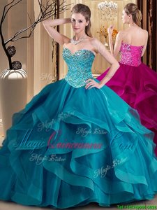 Designer Teal Tulle Lace Up Sweet 16 Quinceanera Dress Sleeveless Floor Length Beading and Ruffles