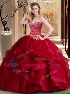 Enchanting Wine Red Sweetheart Neckline Beading and Ruffles Quince Ball Gowns Sleeveless Lace Up