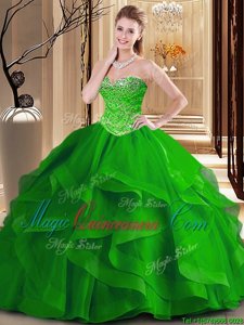 Green Lace Up Sweetheart Beading and Ruffles Sweet 16 Dress Tulle Sleeveless