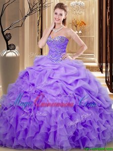 Enchanting Beading and Ruffles and Pick Ups Quinceanera Gown Lavender Lace Up Sleeveless Floor Length