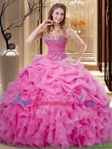 Pick Ups Rose Pink Sleeveless Organza Lace Up Quince Ball Gowns for Military Ball and Sweet 16 and Quinceanera