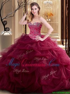 Classical Burgundy Sleeveless Floor Length Beading and Ruffles Lace Up Quince Ball Gowns
