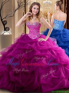 Fuchsia Lace Up Sweetheart Beading and Ruffles 15 Quinceanera Dress Tulle Sleeveless