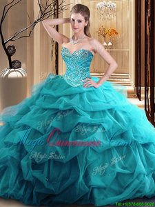 Discount Floor Length Zipper Quinceanera Dress Teal and In for Military Ball and Sweet 16 and Quinceanera with Beading and Ruffles