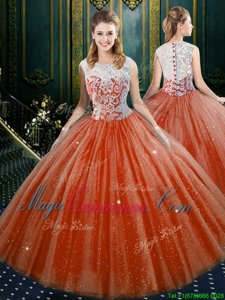 Orange Tulle Zipper High-neck Sleeveless Floor Length Quinceanera Dresses Lace