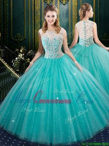 Aqua Blue Sleeveless Floor Length Lace Zipper Quince Ball Gowns