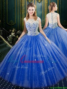 Cute Royal Blue Sleeveless Floor Length Lace Zipper Quinceanera Gown