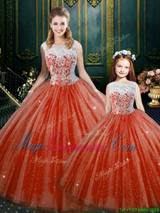 Glamorous Orange Red Zipper Quinceanera Gowns Lace Sleeveless Floor Length