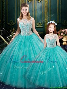 Turquoise Tulle Zipper Sweet 16 Dresses Sleeveless Floor Length Lace