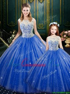 Attractive Floor Length Zipper Sweet 16 Quinceanera Dress Royal Blue and In for Military Ball and Sweet 16 and Quinceanera with Lace