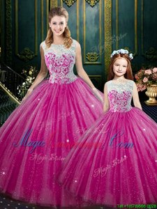 Hot Pink Lace Up High-neck Lace Quinceanera Gown Tulle Sleeveless