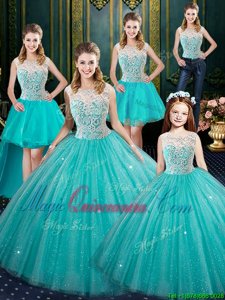 Shining Aqua Blue Ball Gowns Lace Quinceanera Dress Lace Up Tulle Sleeveless Floor Length