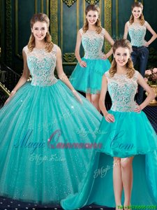 Four Piece High-neck Sleeveless Ball Gown Prom Dress Floor Length Lace Aqua Blue Tulle