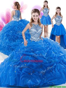 New Style Four Piece Organza High-neck Sleeveless Zipper Beading and Pick Ups Quinceanera Gowns in Royal Blue