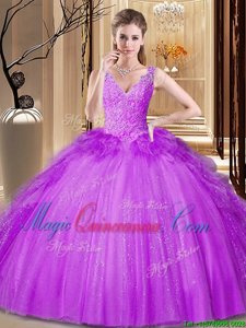Noble Sleeveless Tulle and Sequined Floor Length Backless Vestidos de Quinceanera in Purple for with Appliques and Ruffles and Sequins