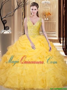Gold V-neck Neckline Lace and Appliques and Ruffles and Pick Ups Sweet 16 Quinceanera Dress Sleeveless Backless