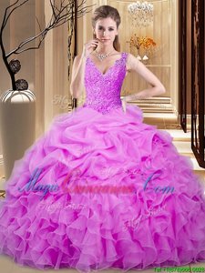 New Style Backless Floor Length Lilac 15 Quinceanera Dress Organza Sleeveless Lace and Ruffles and Pick Ups
