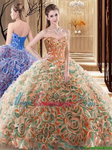 Sleeveless Brush Train Lace Up With Train Embroidery and Ruffles Ball Gown Prom Dress