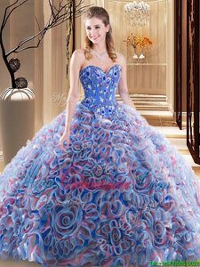 Lavender Lace Up Sweetheart Embroidery and Ruffles Quinceanera Dress Fabric With Rolling Flowers Sleeveless Brush Train