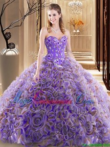 Customized Sweetheart Sleeveless Quince Ball Gowns With Brush Train Embroidery and Ruffles Multi-color Fabric With Rolling Flowers