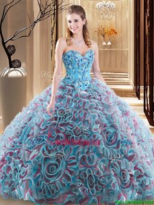 Ideal Multi-color Lace Up Ball Gown Prom Dress Embroidery and Ruffles Sleeveless With Brush Train