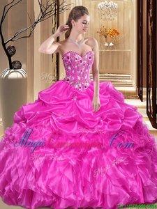 Floor Length Lace Up Quince Ball Gowns Fuchsia and In for Military Ball and Sweet 16 and Quinceanera with Embroidery and Ruffles