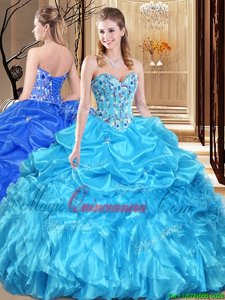 Captivating Aqua Blue Ball Gowns Sweetheart Sleeveless Organza Floor Length Lace Up Lace and Appliques Quinceanera Dresses