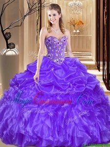 Elegant Purple Organza Lace Up Quince Ball Gowns Sleeveless Floor Length Beading and Embroidery