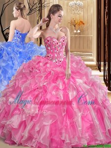 Eye-catching Rose Pink Lace Up 15th Birthday Dress Embroidery and Ruffles Sleeveless Floor Length