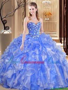 Noble Sleeveless Organza Floor Length Lace Up Quince Ball Gowns in Blue for with Beading and Embroidery and Ruffles