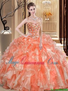 Traditional Orange Lace Up Sweetheart Beading and Ruffles Vestidos de Quinceanera Organza Sleeveless