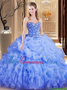 Smart Lavender Organza Lace Up Ball Gown Prom Dress Sleeveless Brush Train Embroidery and Ruffles and Pick Ups