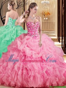 Fitting Pick Ups Rose Pink Quinceanera Gowns Sweetheart Sleeveless Brush Train Lace Up