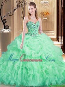 Lace Up Quinceanera Gowns Apple Green and In for Prom and Military Ball and Sweet 16 and Quinceanera with Embroidery and Ruffles Brush Train