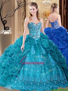Customized Embroidery and Pick Ups Quince Ball Gowns Teal Lace Up Sleeveless Floor Length