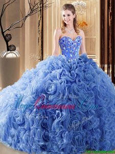 Comfortable Lace Up Sweet 16 Quinceanera Dress Blue and In for Prom and Military Ball and Sweet 16 and Quinceanera with Embroidery and Ruffles Court Train