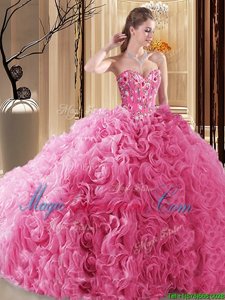Rose Pink Sweetheart Neckline Embroidery and Ruffles and Pick Ups Ball Gown Prom Dress Sleeveless Lace Up
