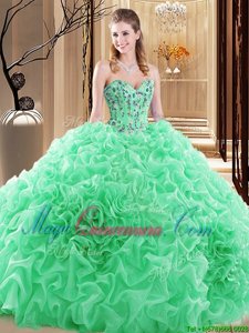 Pick Ups Sweetheart Sleeveless Lace Up Quince Ball Gowns Fabric With Rolling Flowers
