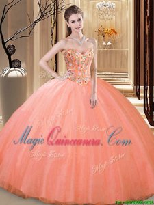 Luxury Floor Length Peach Sweet 16 Dresses Sweetheart Sleeveless Lace Up