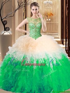 Excellent Tulle High-neck Sleeveless Backless Beading and Ruffles Quinceanera Gown in