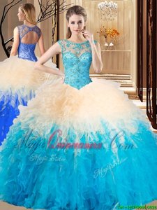 Customized High-neck Sleeveless Backless Sweet 16 Quinceanera Dress Aqua Blue Tulle