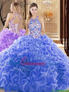 Blue Backless High-neck Embroidery and Ruffles Quinceanera Dress Organza Sleeveless Court Train