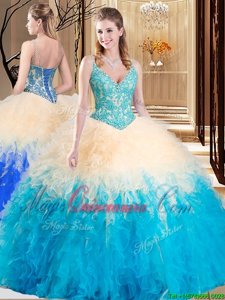 Aqua Blue Ball Gowns Tulle V-neck Sleeveless Lace and Ruffles Floor Length Lace Up Sweet 16 Quinceanera Dress