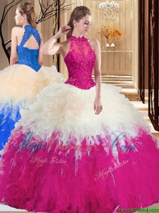 High-neck Sleeveless Backless Ball Gown Prom Dress Multi-color Tulle