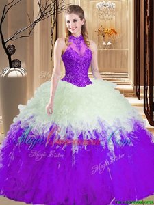 Hot Selling White And Purple Lace Up Quinceanera Gown Lace and Appliques and Ruffles Sleeveless Floor Length