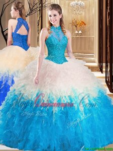 Tulle High-neck Sleeveless Backless Lace and Appliques and Ruffles Sweet 16 Dress in Multi-color