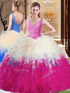 Multi-color V-neck Neckline Lace and Appliques and Ruffles Quinceanera Dress Sleeveless Zipper
