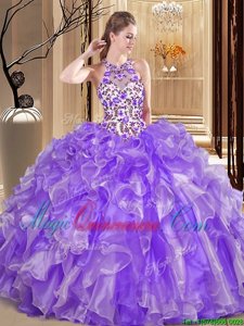 Dazzling Scoop Lavender Organza Backless Sweet 16 Dress Sleeveless Floor Length Embroidery and Ruffles