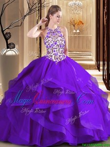 Purple Scoop Neckline Embroidery Quinceanera Dress Sleeveless Lace Up