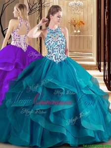 High Class Scoop Tulle Sleeveless 15 Quinceanera Dress Brush Train and Embroidery and Ruffles